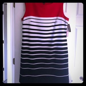 Sleeveless red, black, and white dress